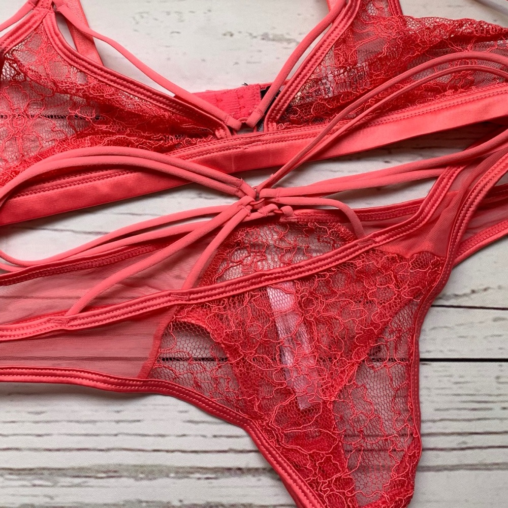Small, Coral pink soft lace bra and strappy panty